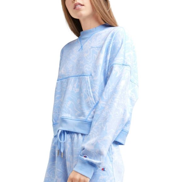 CHAMPION Women's Campus-Print French Terry Crewneck Blue and White Sweater NWT - Picture 2 of 5